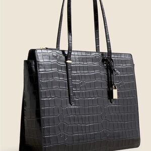 J.Crew Elegant Black Crocodile-Embossed Tote Bag